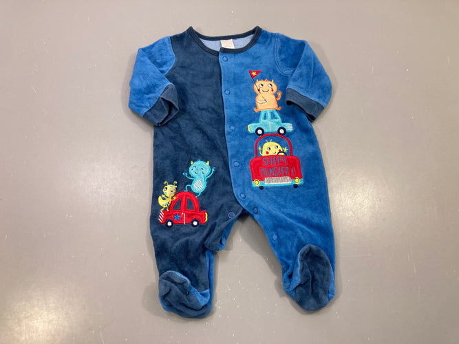 Pyjama velours bleu bicolore monstres voitures "Sleepy monster", moins cher chez Petit Kiwi