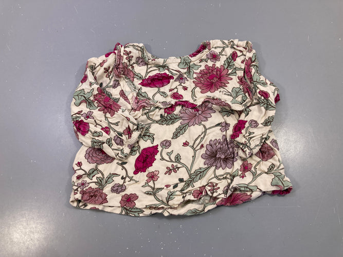 Blouse m.l écru fleurs prune vert sauge, volants, poignets élastiques, moins cher chez Petit Kiwi