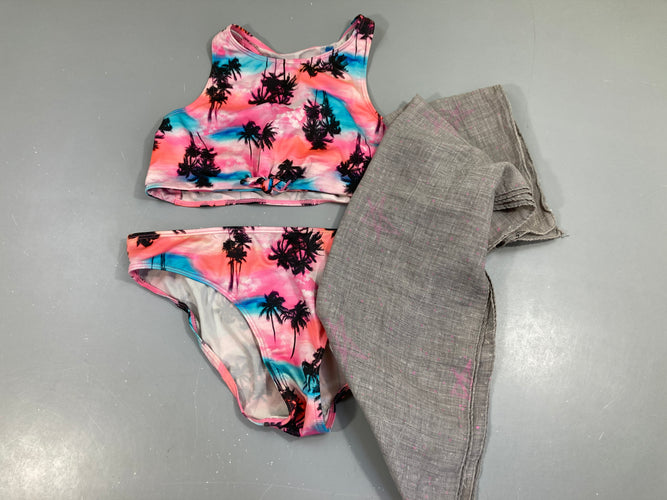 Bikini rose/bleu palmiers + paréo gris, moins cher chez Petit Kiwi
