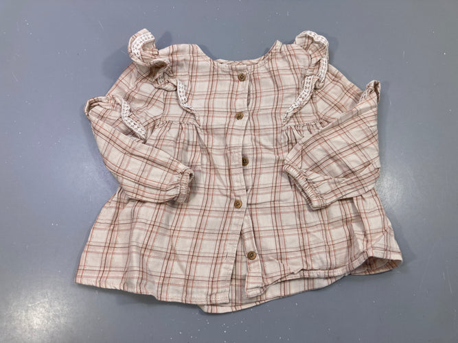Blouse m.l beige carreaux rose et brun, fils dorés, volants dentelle épaules, moins cher chez Petit Kiwi