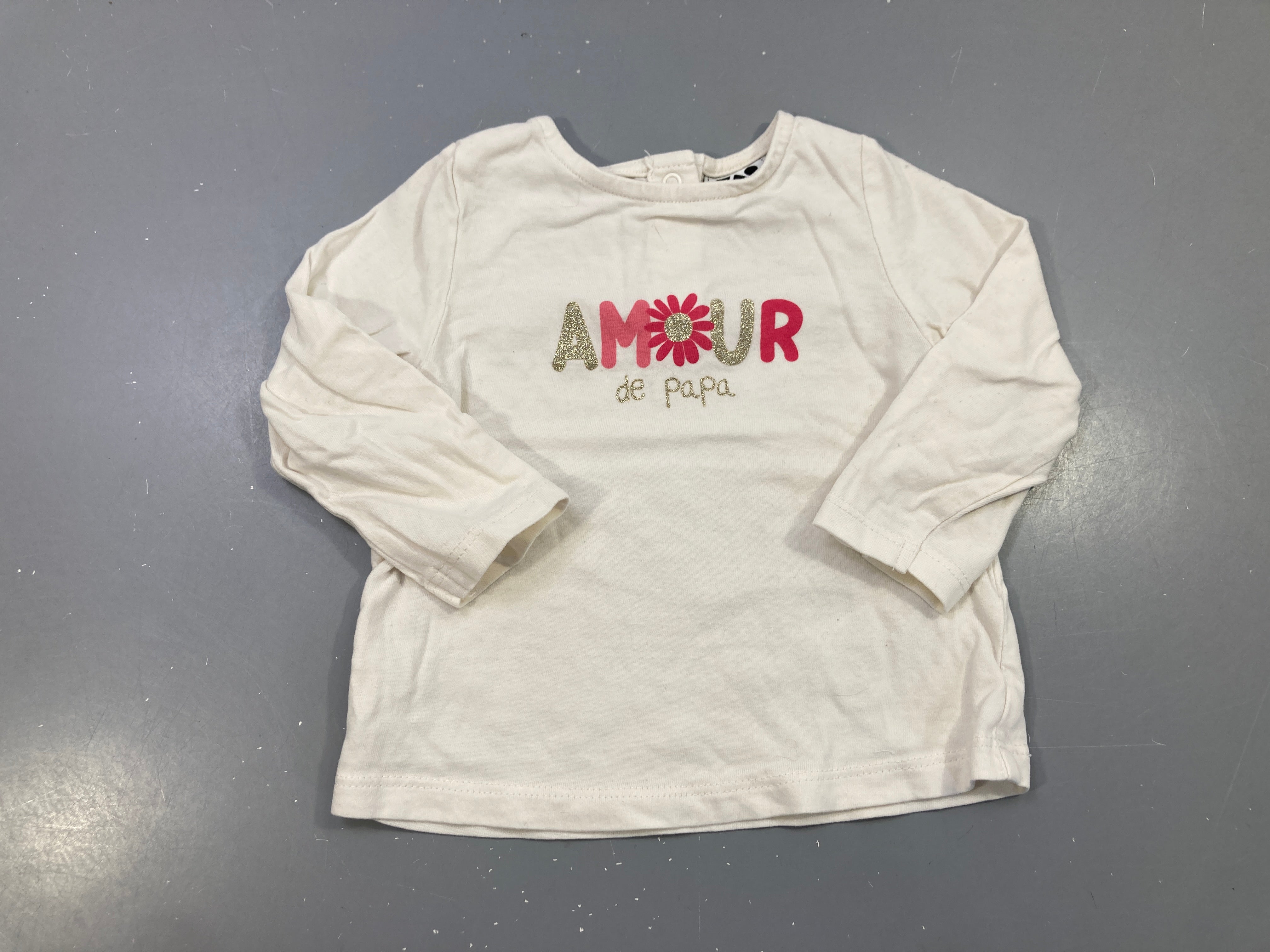 T-shirt m.l écru Amour de papa, fleur rose, sequins dorés