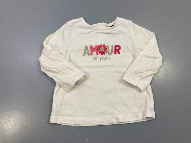 T-shirt m.l écru Amour de papa, fleur rose, sequins dorés, moins cher chez Petit Kiwi