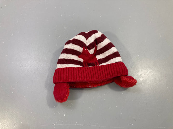 Bonnet rayé bordeaux et rose pâle, revers rouge, cache-oreilles, doublure fausse fourrure, moins cher chez Petit Kiwi