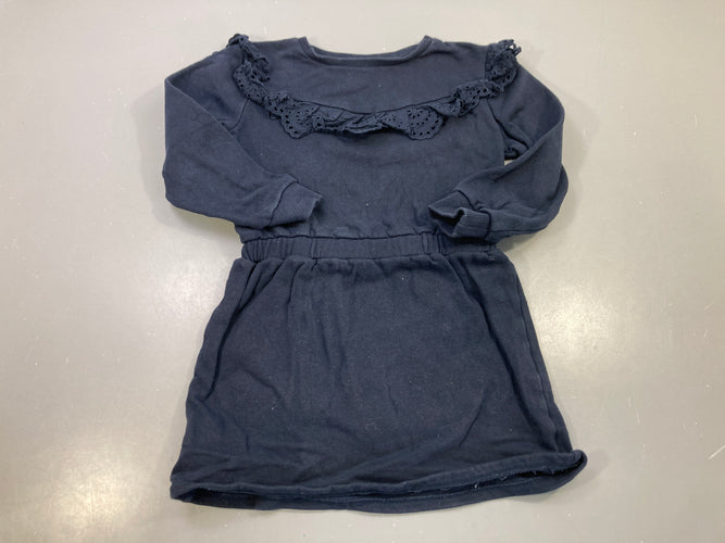 Robe m.l bleu marine molleton, volant broderie anglaise, taille élastiquée, moins cher chez Petit Kiwi