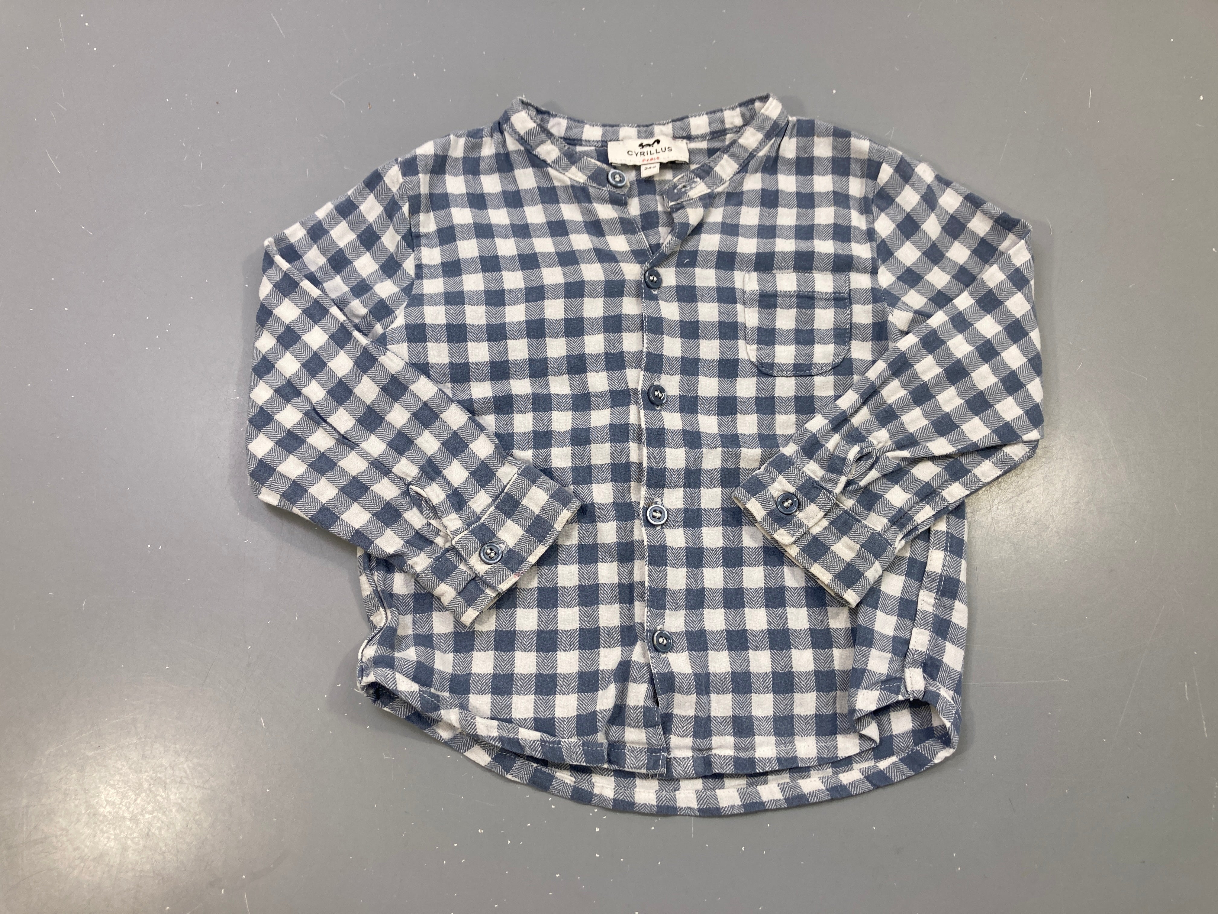 Chemise m.l bleu et blanc vichy, col mao, poche poitrine