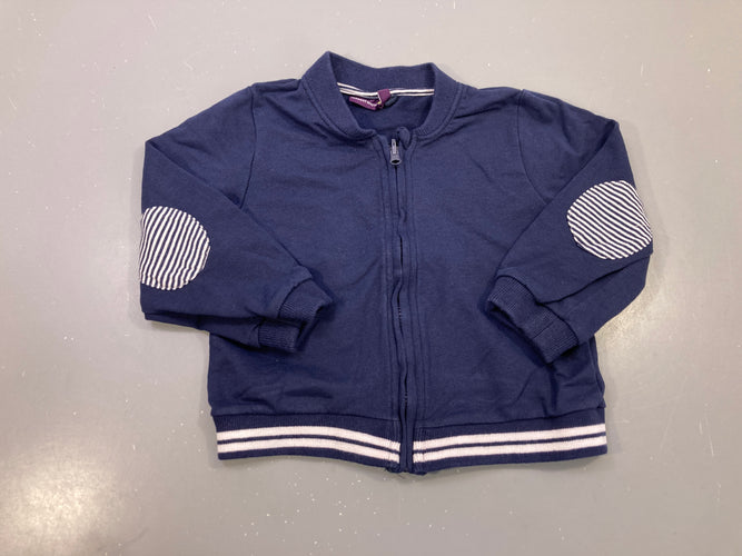 Sweat zippé bleu marine molleton, coudières rayées, bords côtes rayés, moins cher chez Petit Kiwi
