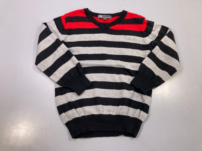 Pull col V rayé noir, gris et rouge, maille, moins cher chez Petit Kiwi