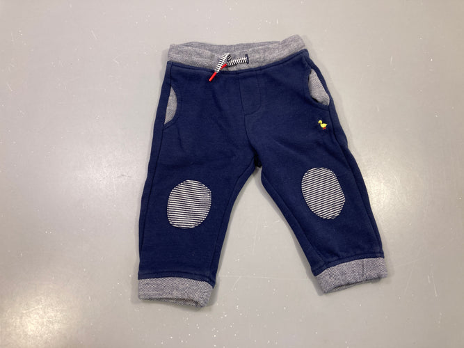 Pantalon molleton bleu marine, genouillères rayées, canard brodé, moins cher chez Petit Kiwi