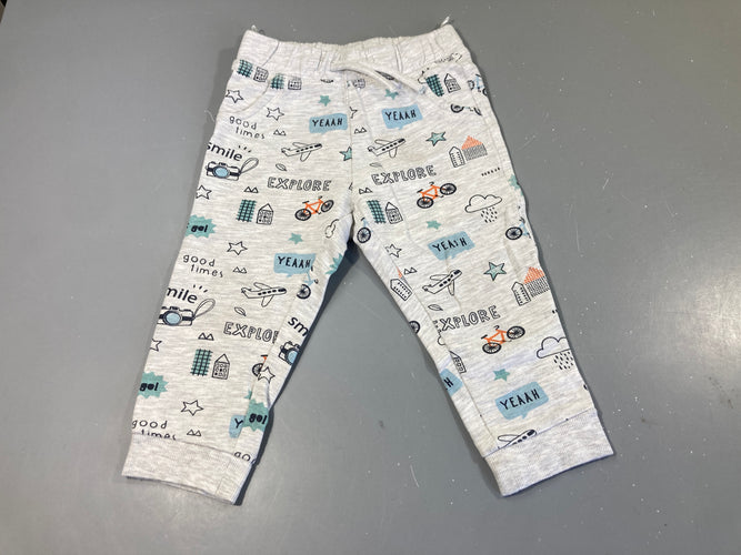 Pantalon molleton gris chiné motifs voyage, moins cher chez Petit Kiwi