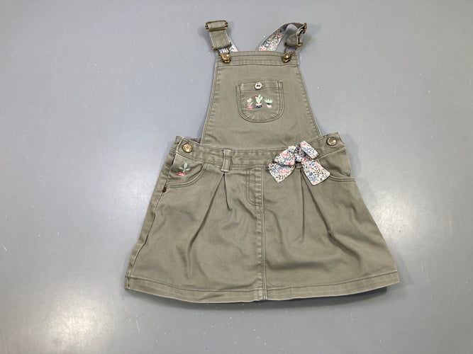 Robe salopette s.m kaki toile, cactus brodés, nœud fleuri, moins cher chez Petit Kiwi