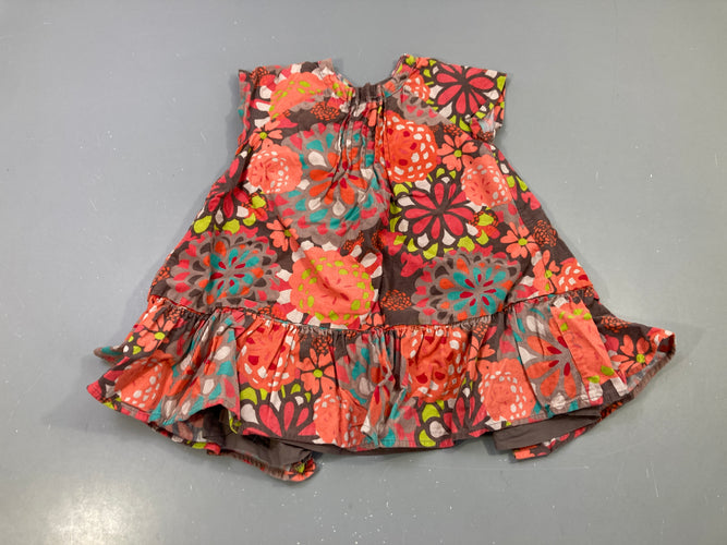 Robe m.c marron grandes fleurs corail, velours côtelé, volant bas, moins cher chez Petit Kiwi