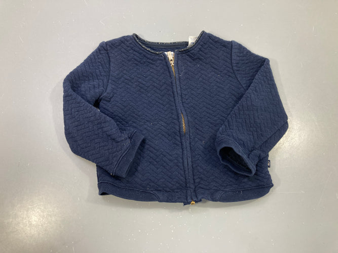 Gilet zippé bleu marine matelassé chevrons, col liseré sequins dorés, moins cher chez Petit Kiwi