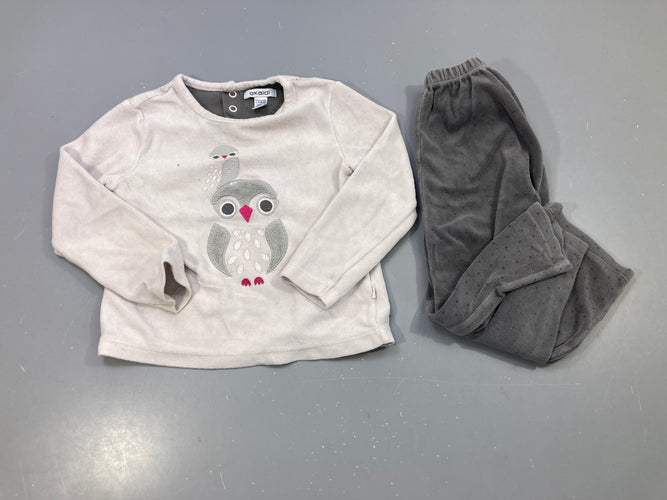 Pyjama 2pcs velours écru et gris, hibou, pantalon à pois, moins cher chez Petit Kiwi