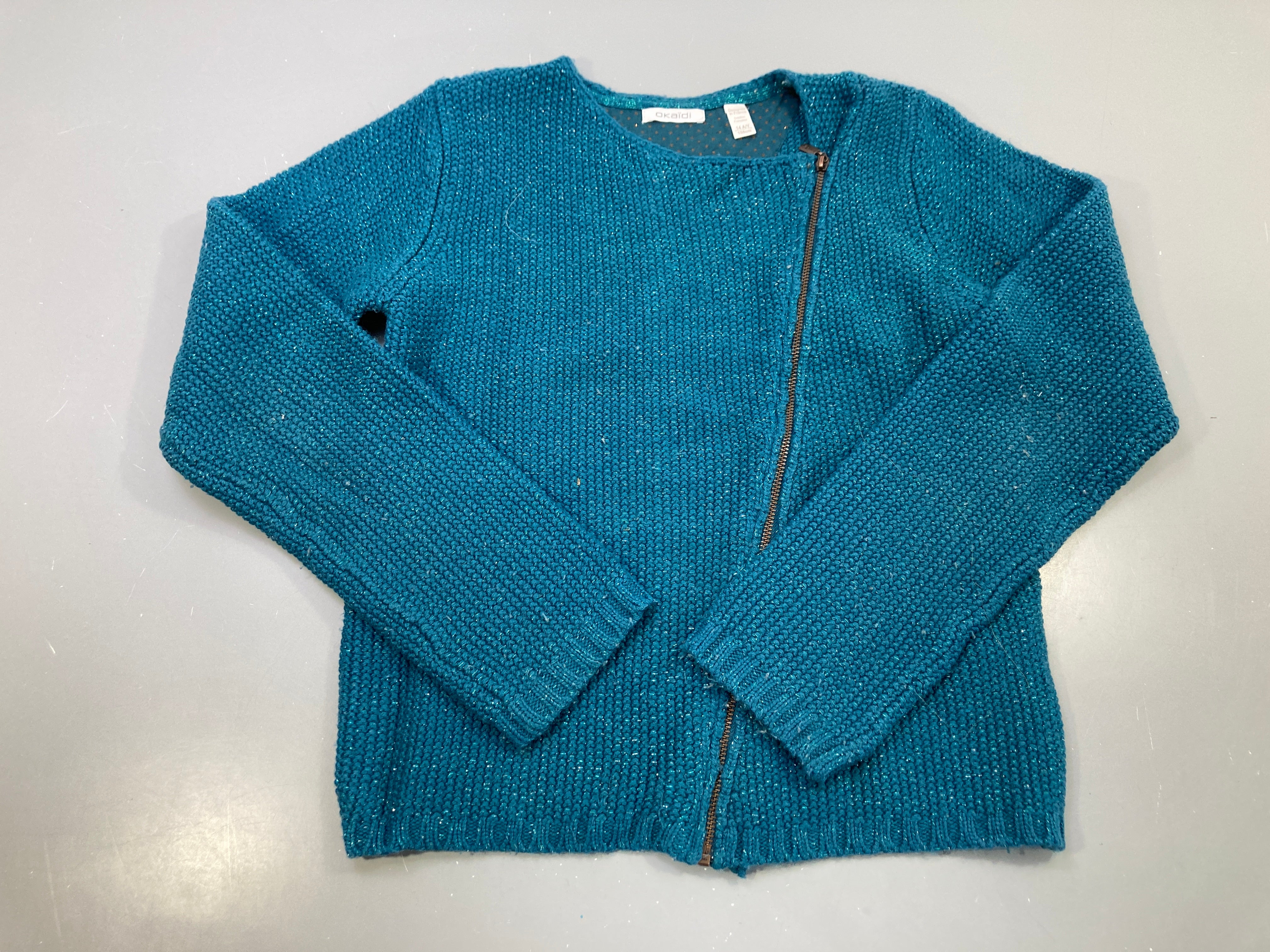 Gilet bleu canard grosse maille zippé asymétrique, sequins