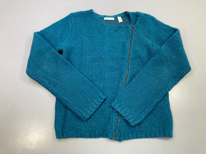 Gilet bleu canard grosse maille zippé asymétrique, sequins, moins cher chez Petit Kiwi