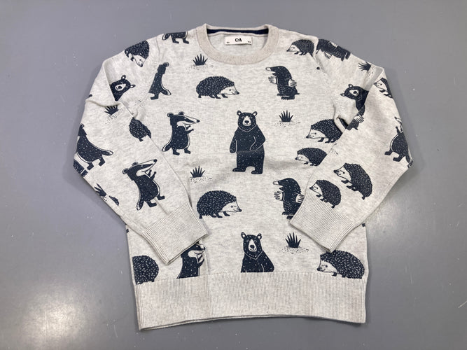 Pull gris chiné motifs ours, hérissons, blaireaux et taupes bleu marine, moins cher chez Petit Kiwi