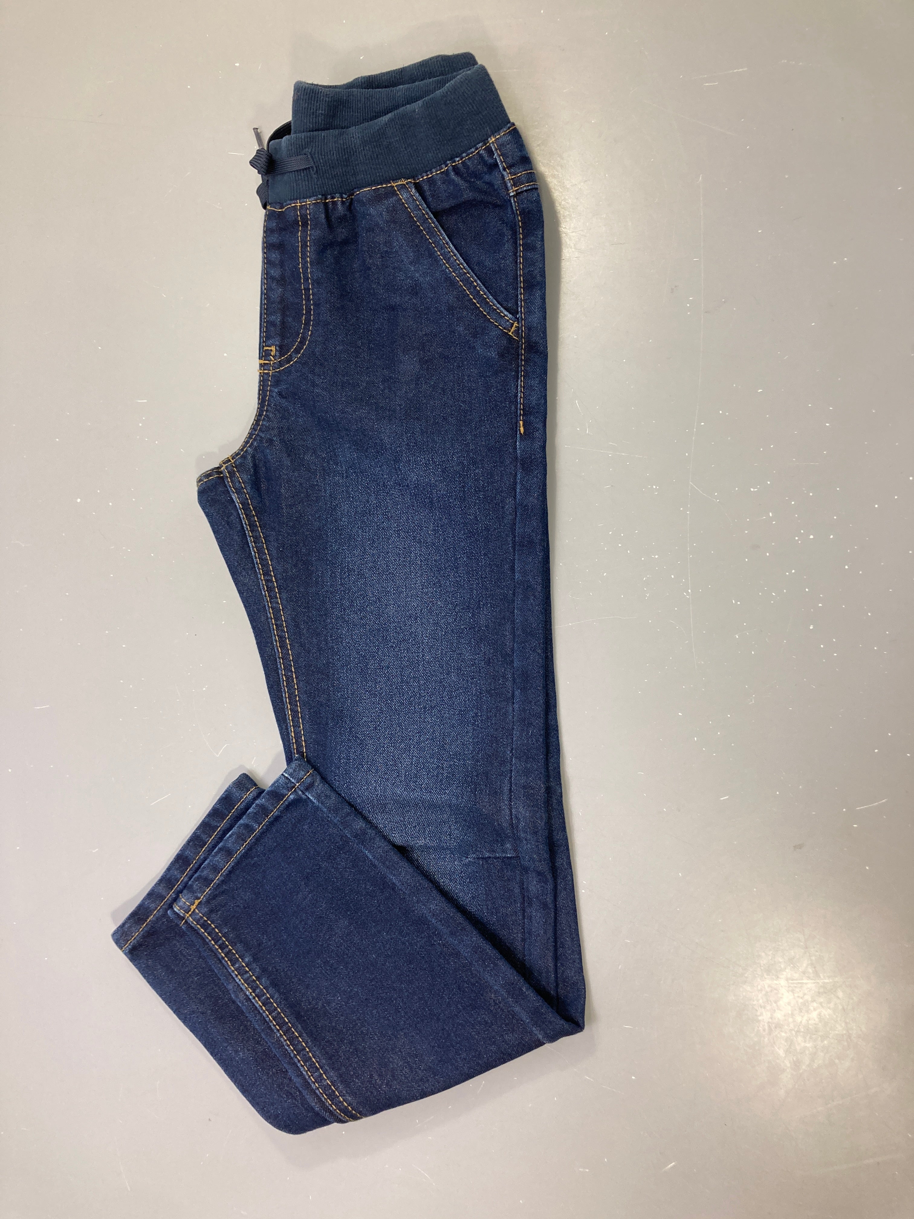 Pantalon jean bleu foncé taille élastique côtelée cordon