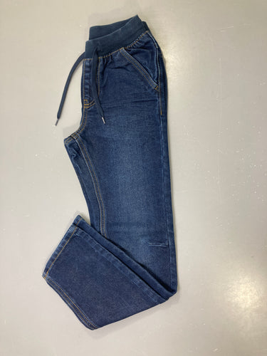 Pantalon jean bleu brut taille élastique côtelée cordon, moins cher chez Petit Kiwi