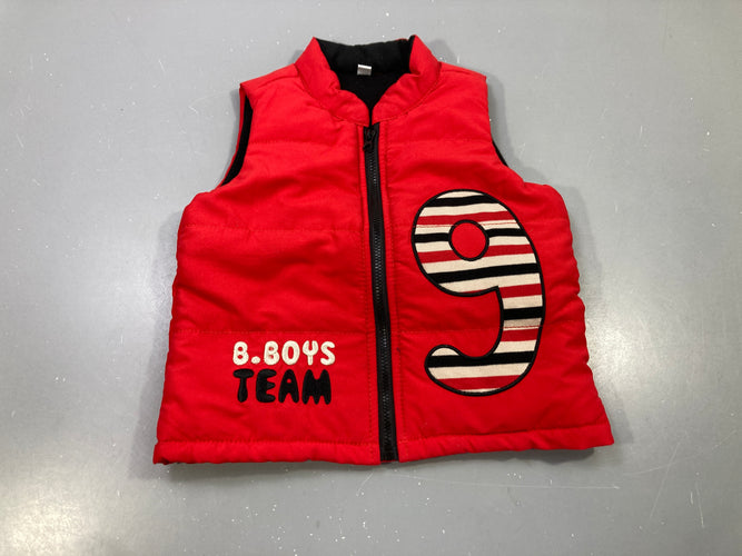 Bodywarmer s.m rouge matelassé zippé, doublure polaire noire, chiffre 9 rayé, B.Boys Team, moins cher chez Petit Kiwi
