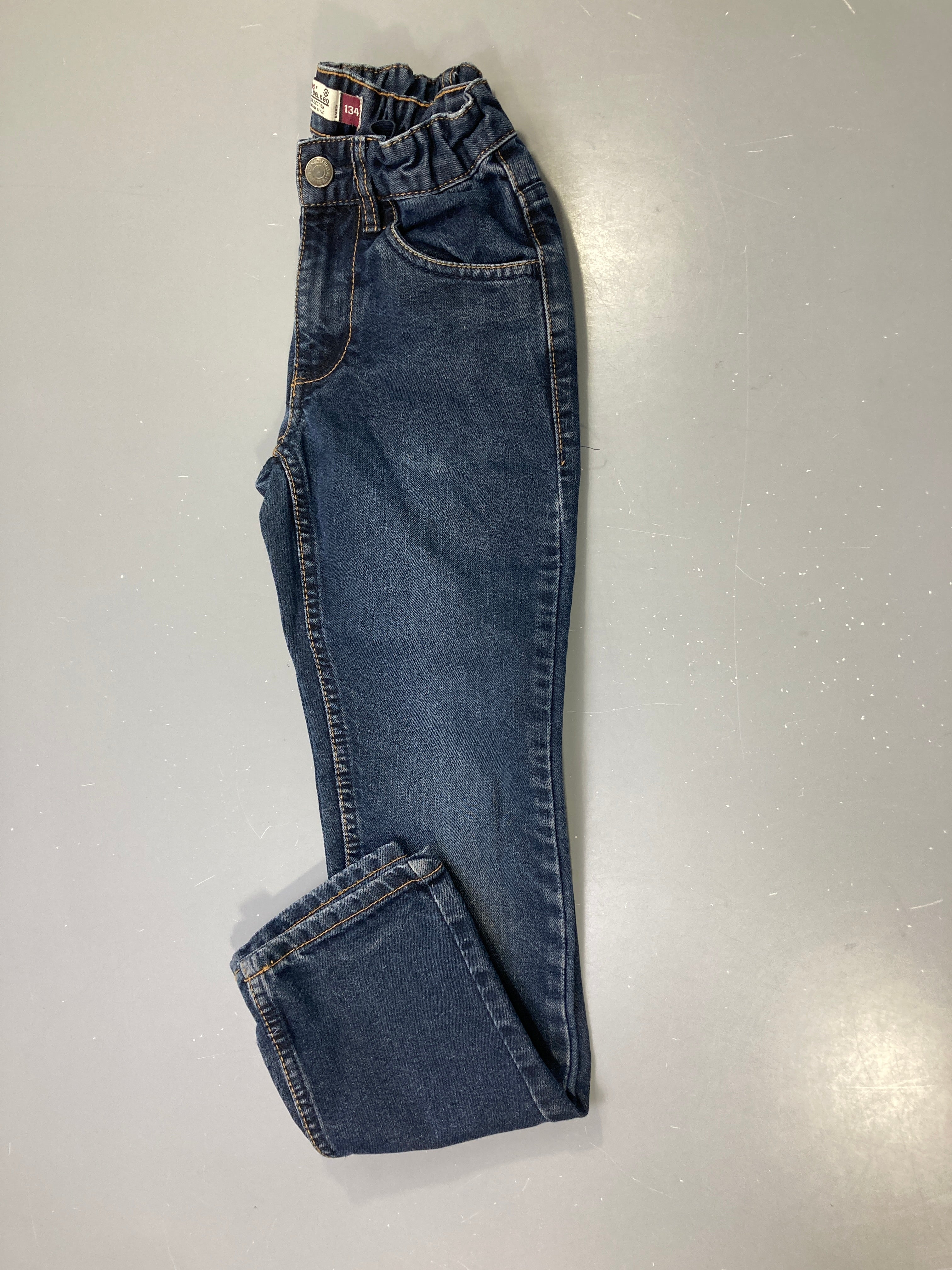 Pantalon jean bleu foncé délavé, taille réglable