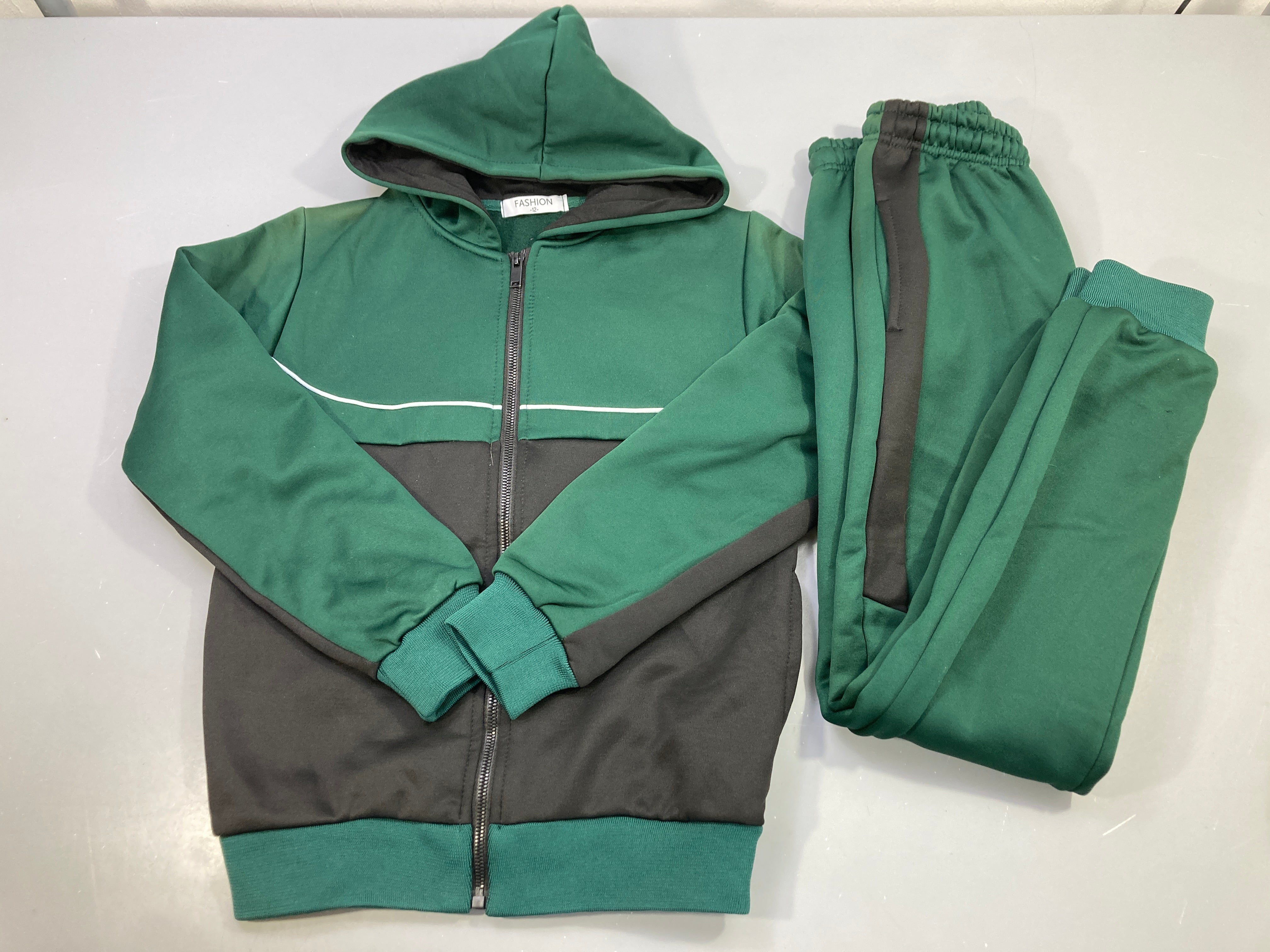 Ensemble 2pcs molleton vert et noir, sweat capuche zippé + jogging