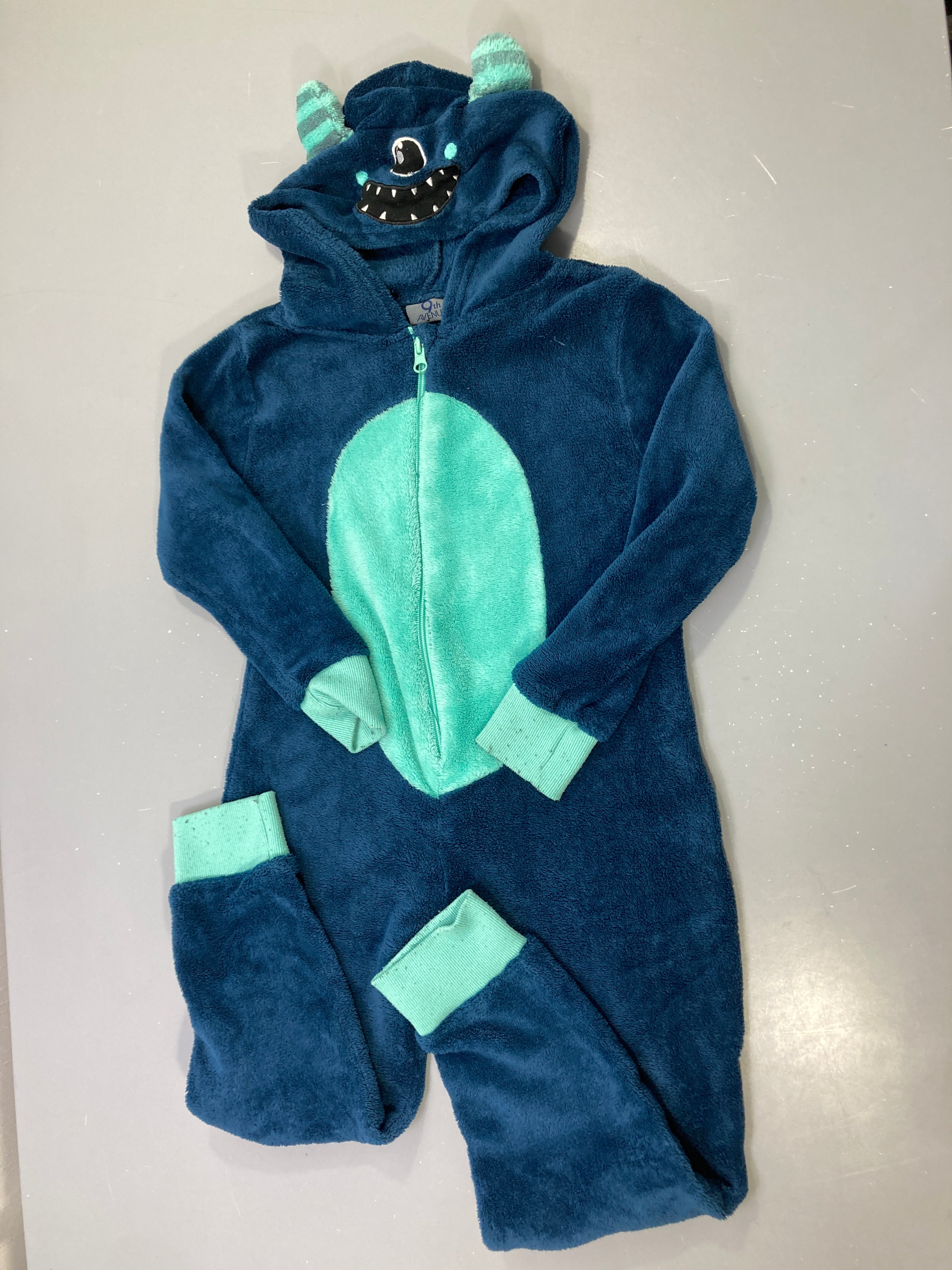 Pyjama polaire bleu pétrole et turquoise monstre, combinaison capuche zippée, 9th Avenue
