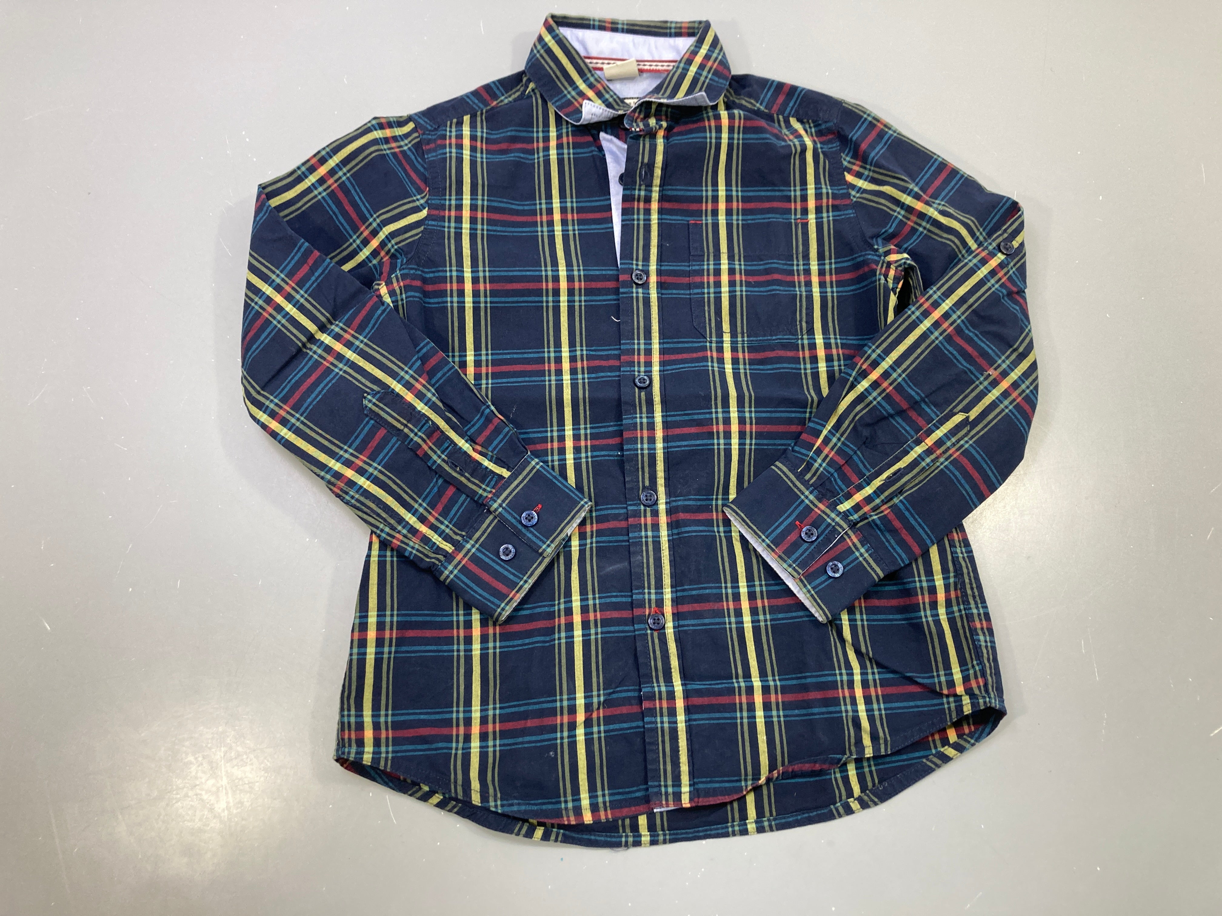 Chemise m.l bleu marine carreaux jaunes, rouges et turquoise