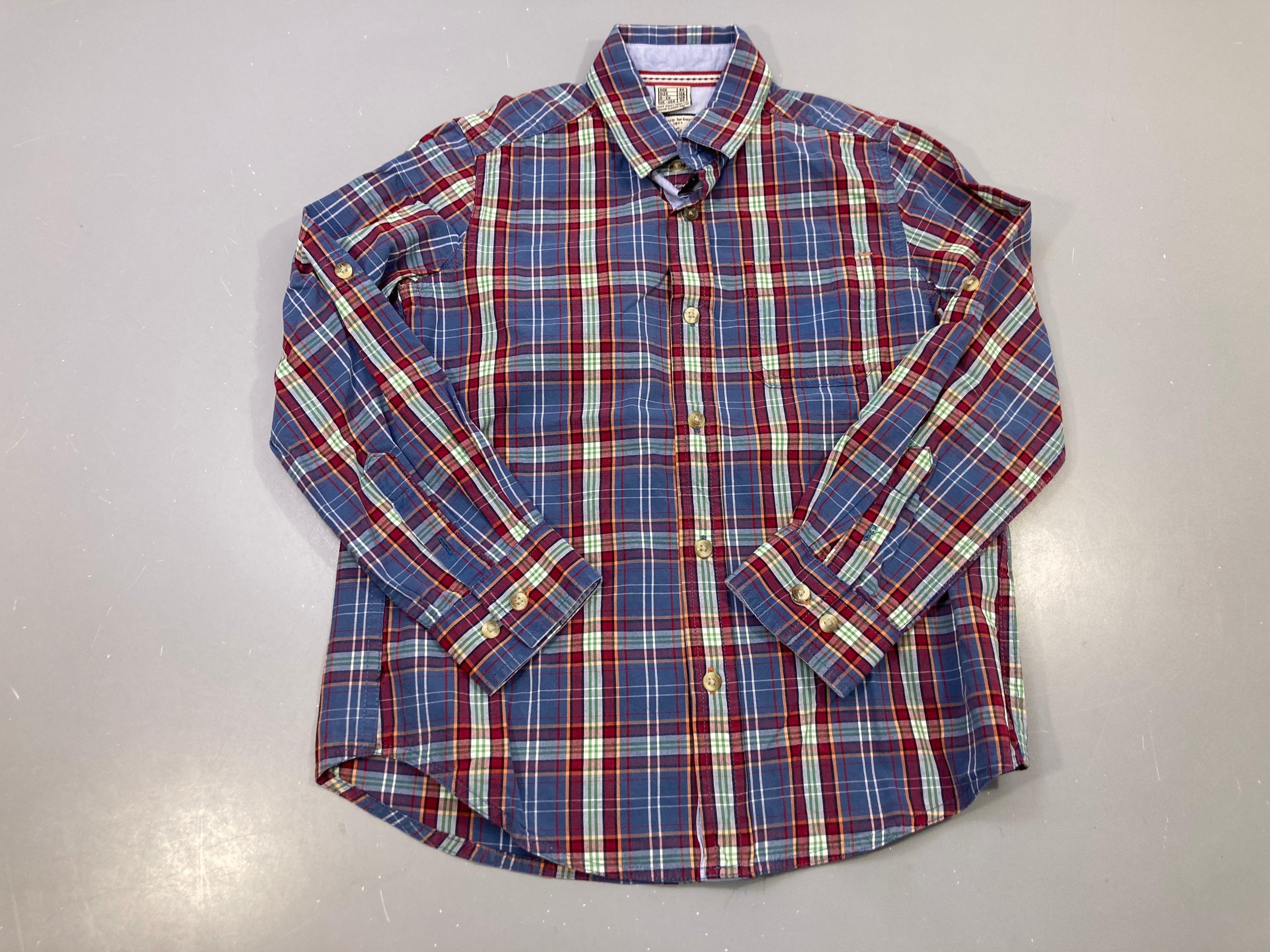 Chemise m.l bleue carreaux bordeaux, verts et orange, manches retroussables