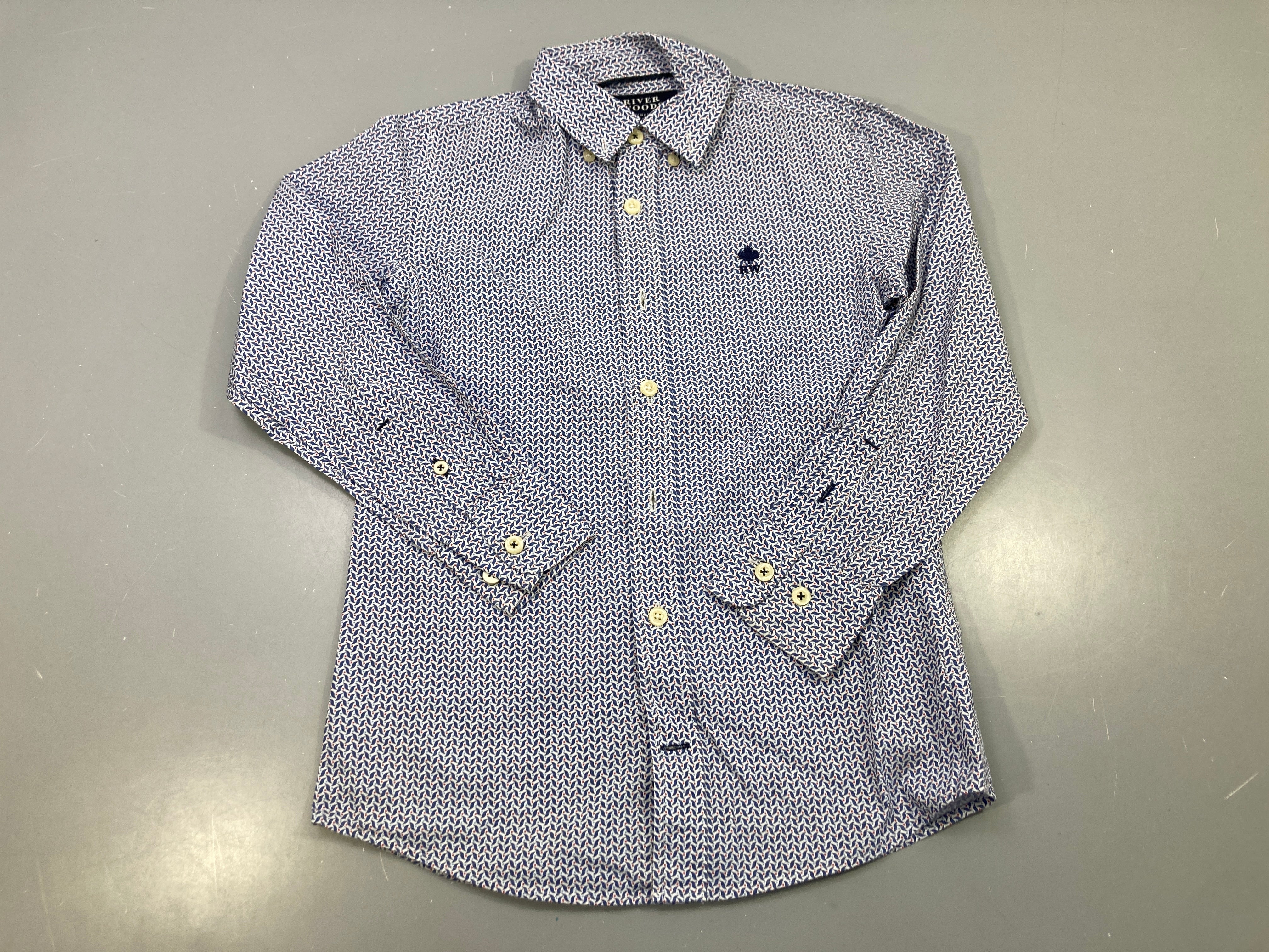 Chemise m.l blanche motif géométrique bleu marine, logo RW brodé
