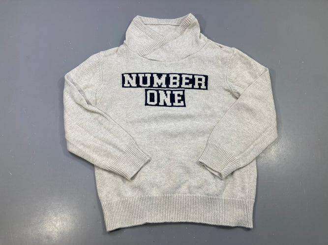 Pull gris chiné col croisé, motif Number One bleu marine, moins cher chez Petit Kiwi