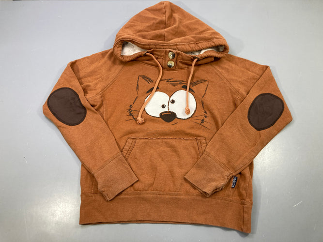 Sweat capuche brun imprimé chat, capuche doublée sherpa, légèrement bouloché, moins cher chez Petit Kiwi