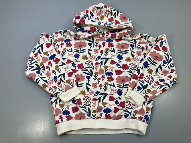 Sweat capuche écru motif fleurs roses, bordeaux et bleues, moins cher chez Petit Kiwi