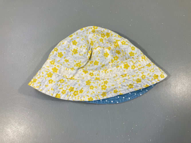 Chapeau réversible blanc fleurs jaunes/ bleu pois blancs, moins cher chez Petit Kiwi