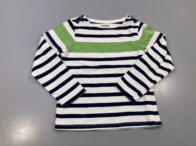T-shirt m.l marinière blanche rayée bleu marine, bande verte, boutons épaule, moins cher chez Petit Kiwi
