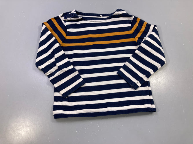 T-shirt m.l marinière bleu marine et blanche, rayures camel, boutons épaule, moins cher chez Petit Kiwi