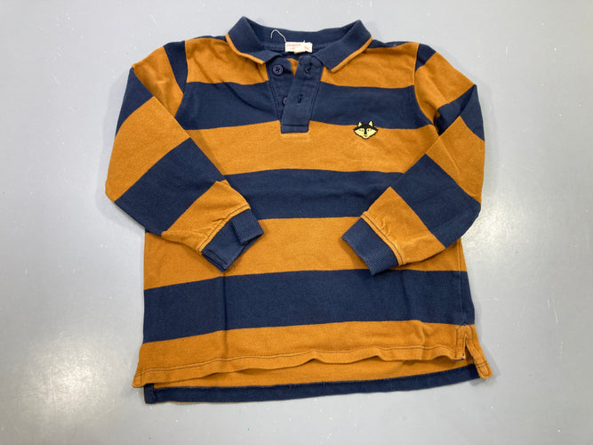 Polo m.l rayé camel et bleu marine, écusson loup brodé, moins cher chez Petit Kiwi