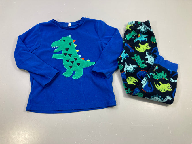 Pyjama 2pcs polaire bleu roi dinosaure, bas bleu marine dinosaures, moins cher chez Petit Kiwi