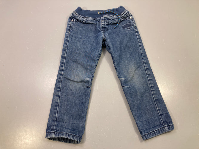 Pantalon jean bleu délavé taille élastique côtelée, cordon tressé, broderie Doublé polar, moins cher chez Petit Kiwi
