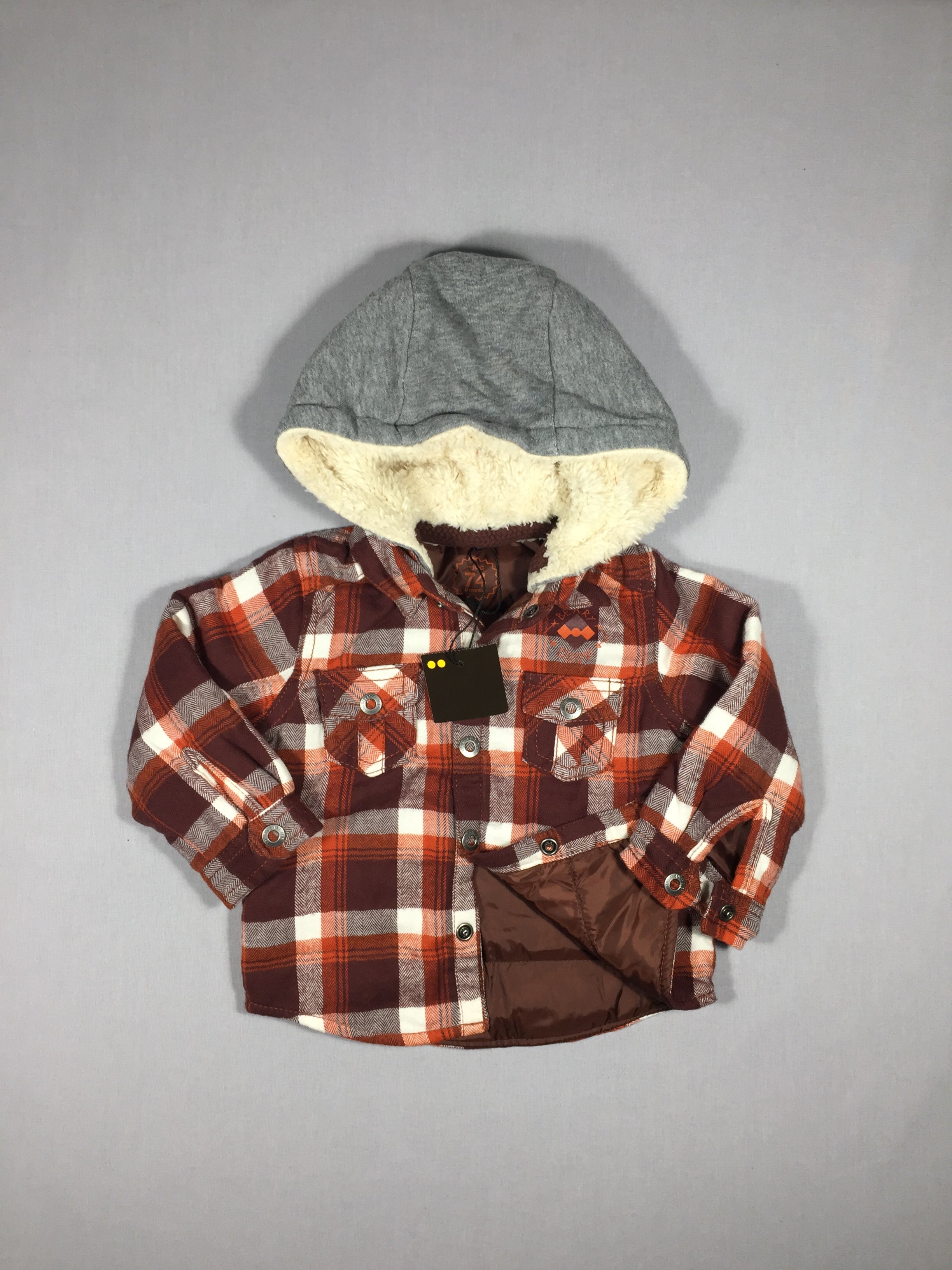 Neuf - Veste à carreaux bruns style chemise à capuche grise - intérieur matelassé