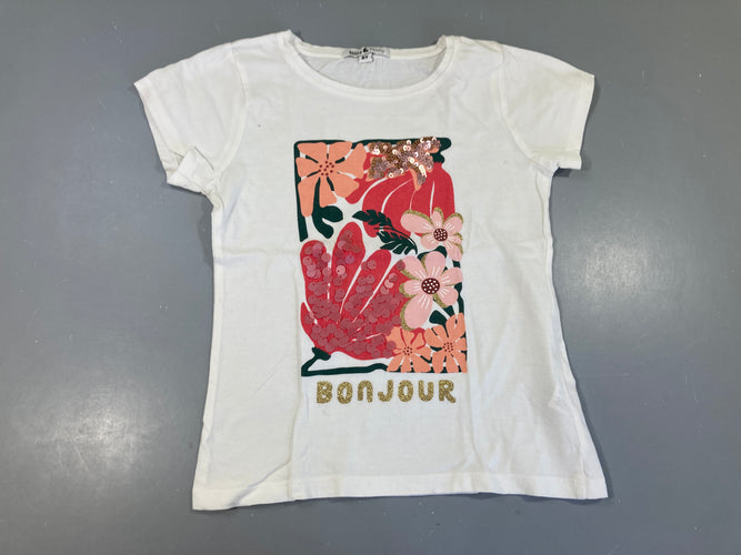 T-shirt m.c blanc cadre  fleurs sequins, moins cher chez Petit Kiwi