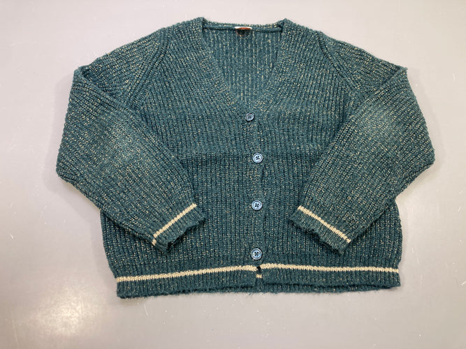 Gilet vert canard grosse maille, fils dorés, moins cher chez Petit Kiwi
