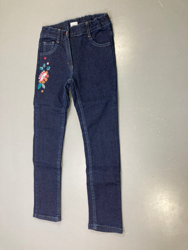 Pantalon jean bleu brut doublé, fleur brodée, moins cher chez Petit Kiwi