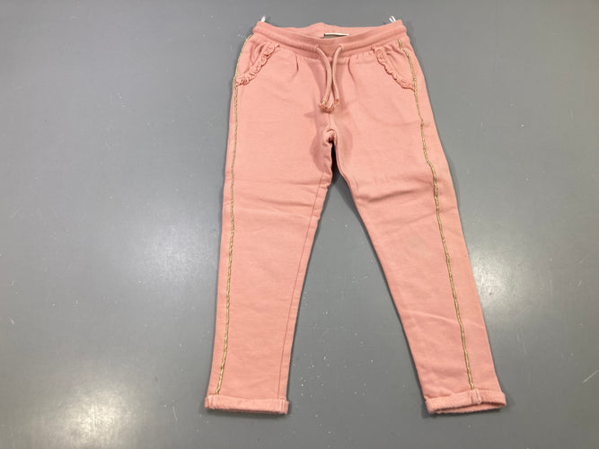 Pantalon molleton rose, poches à volants, liseré doré, cordon, moins cher chez Petit Kiwi