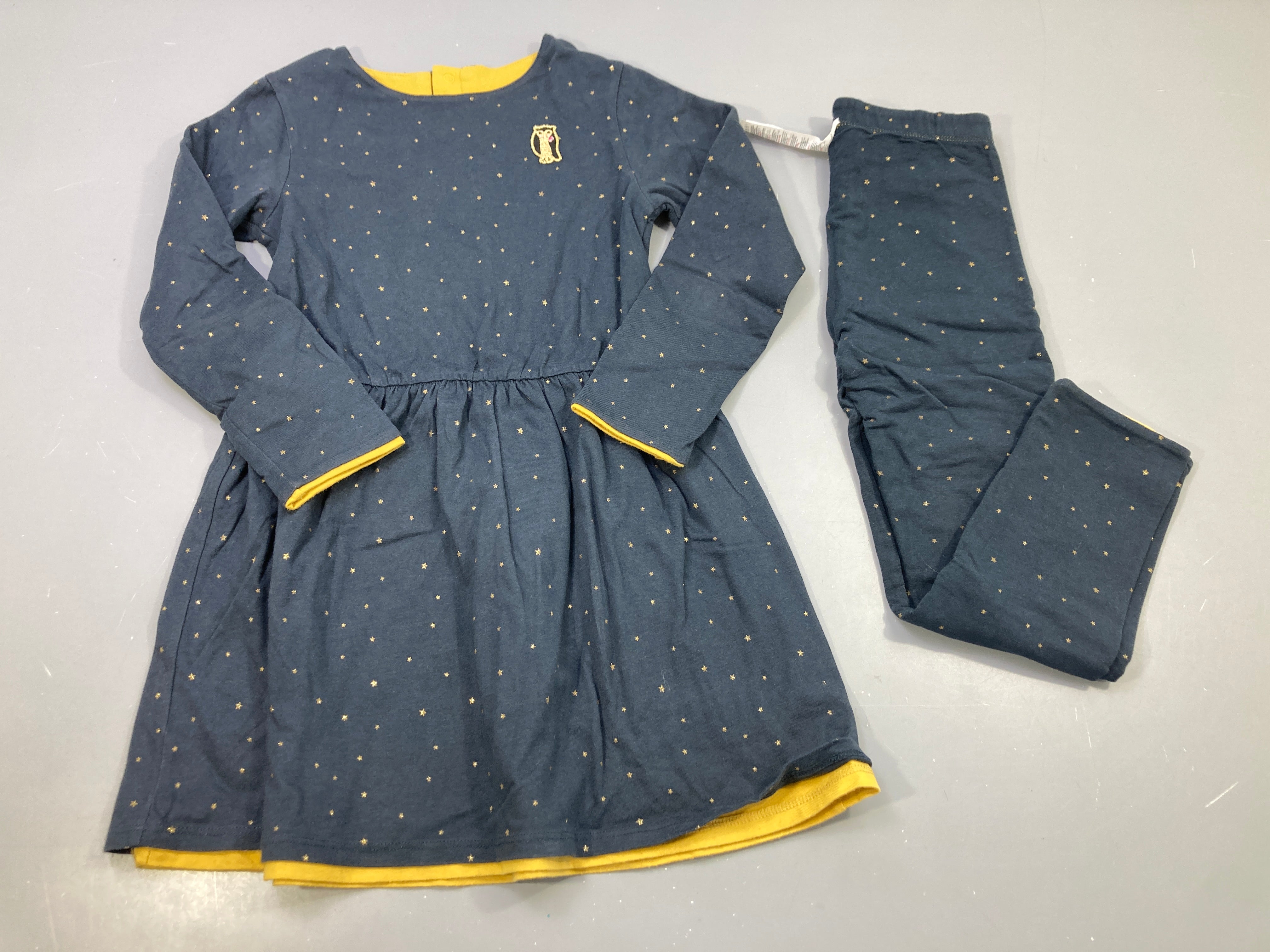 Ensemble 2pcs robe m.l bleu marine étoiles dorées hibou, doublure moutarde + legging assorti