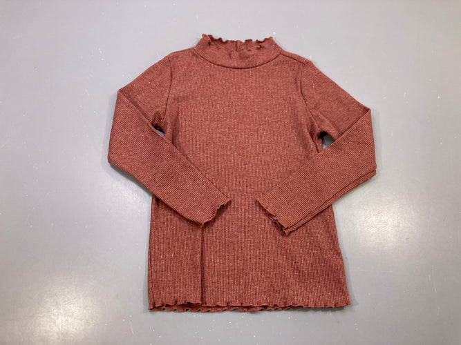 T-shirt m.l col montant terracotta côtelé, fils brillants, bords ondulés, moins cher chez Petit Kiwi