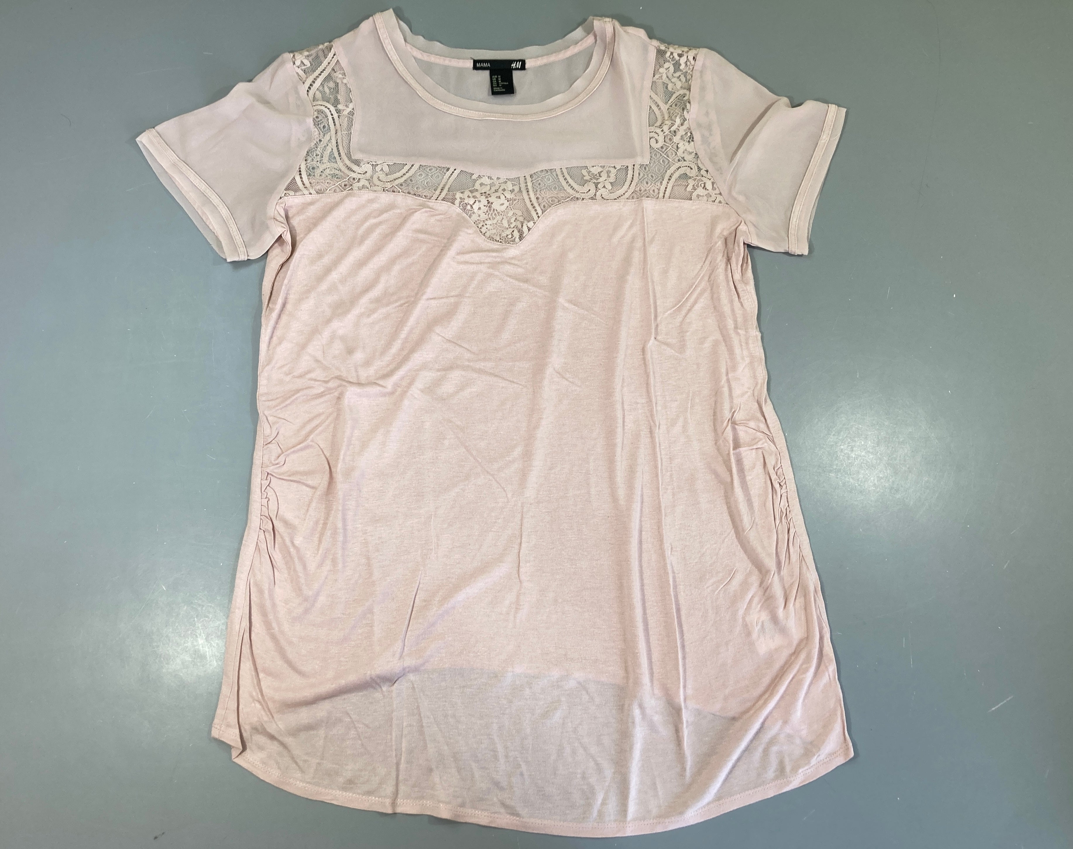 T-shirt m.c bi-matière vieux rose clair dentelle et voile haut