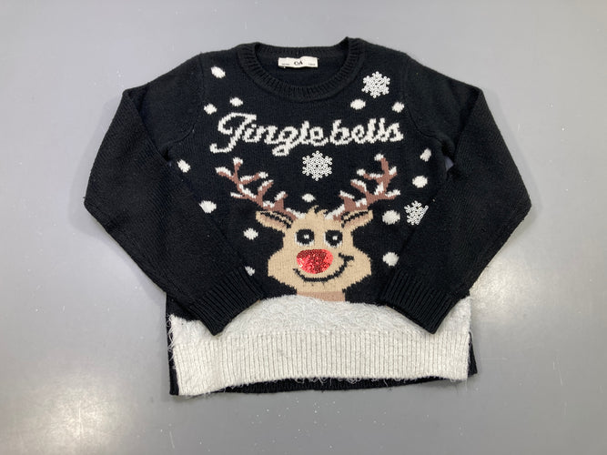 Pull noir renne "Jingle bells" Noël, sequins, légèrement bouloché, moins cher chez Petit Kiwi