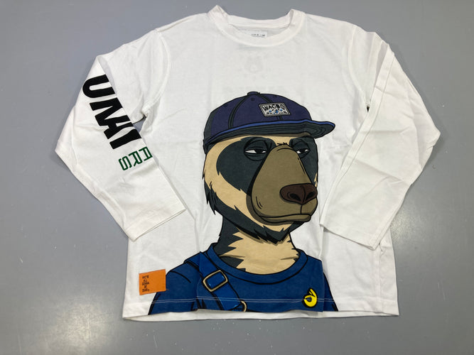 T-shirt m.l blanc ours casquette, inscription manche, moins cher chez Petit Kiwi