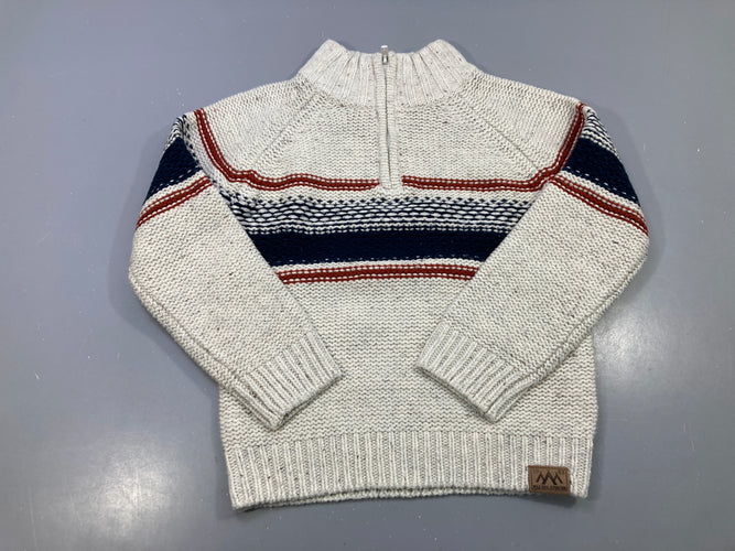 Pull écru chiné col camionneur zippé, rayures bleu marine et rouille, moins cher chez Petit Kiwi