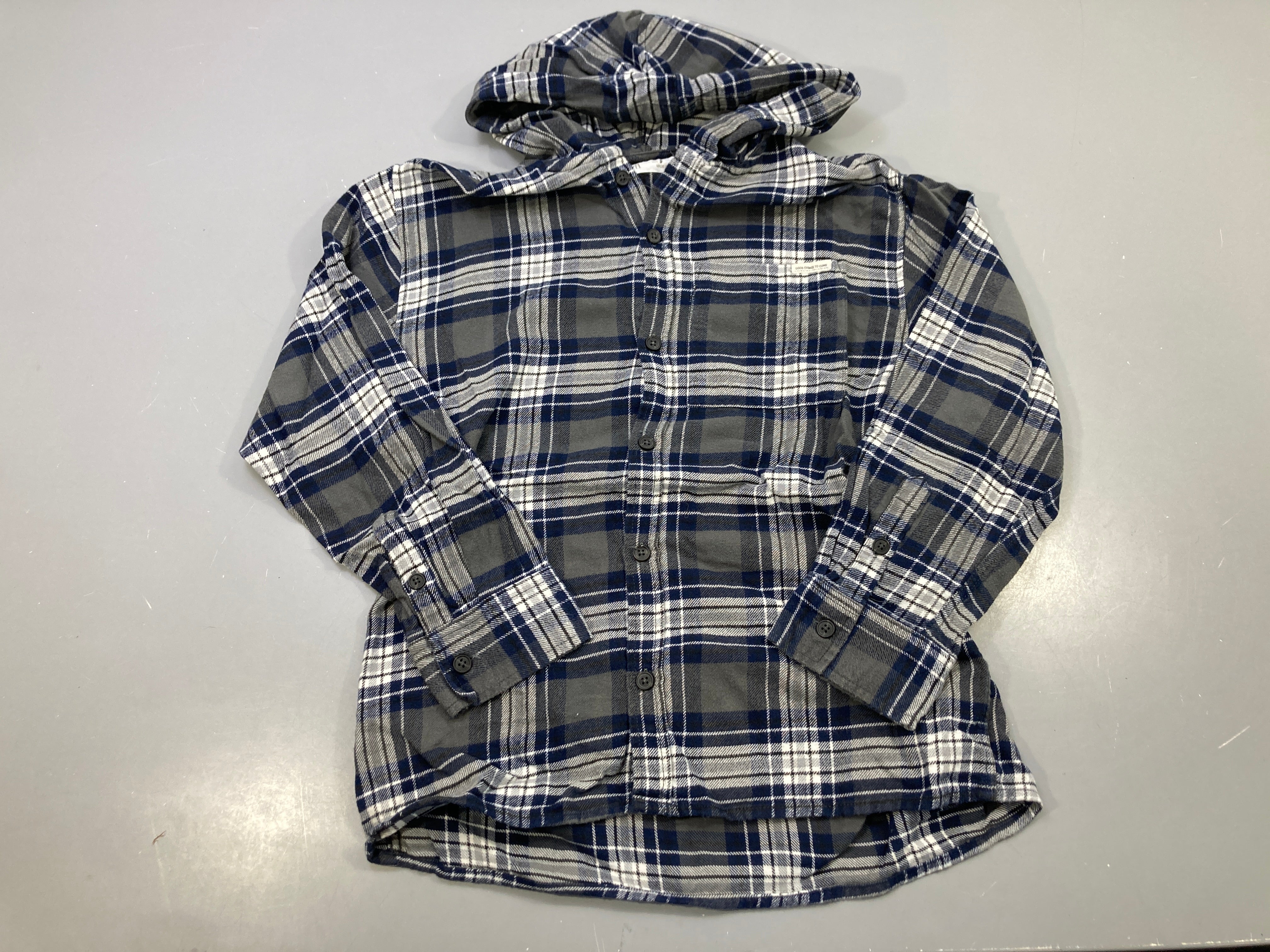 Chemise m.l carreaux gris bleu marine blanc, capuche, flanelle
